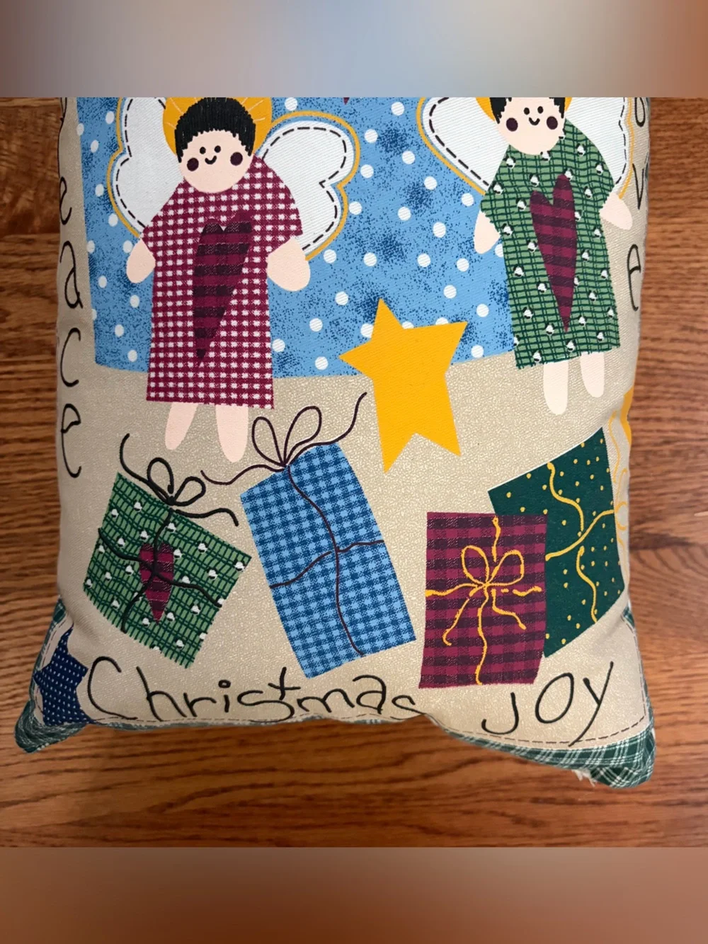 Vtg Leslie Beck Christmas Throw Pillow Cranston VIP Fabric Panel Folk Art Angel